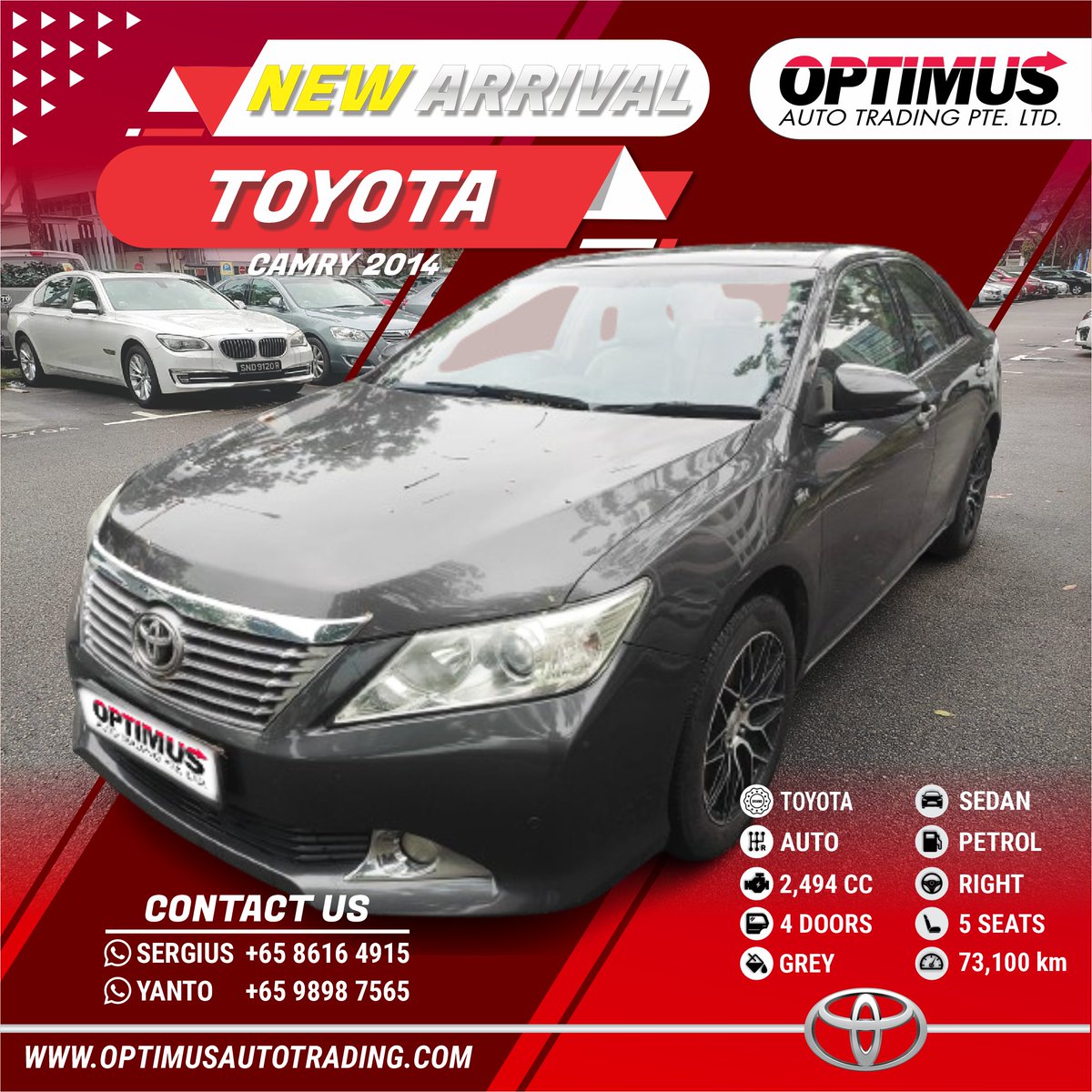 OptimusATSG's tweet image. Experience the epitome of reliability and comfort with the Toyota Camry 2014. Unleash the power of smooth performance and timeless elegance on every journey.

𝑪𝒐𝒏𝒕𝒂𝒄𝒕 𝒖𝒔 𝒏𝒐𝒘 :
+65 8616 4915 Sergius

#cheapcar #exportcars #optimusautotrading #ToyotaCamry #Reliability