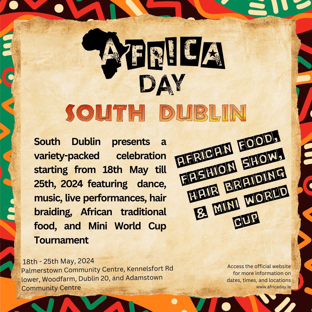 Discover the vibrant celebrations happening all over Ireland for Africa Day! 🎉

Interested to find out what's going on near you? Explore africaday.ie to stay updated on all the exciting events 😊

#AfricaDaySligo #AfricaDaySouthDublin #AfricaDayGalwayCounty