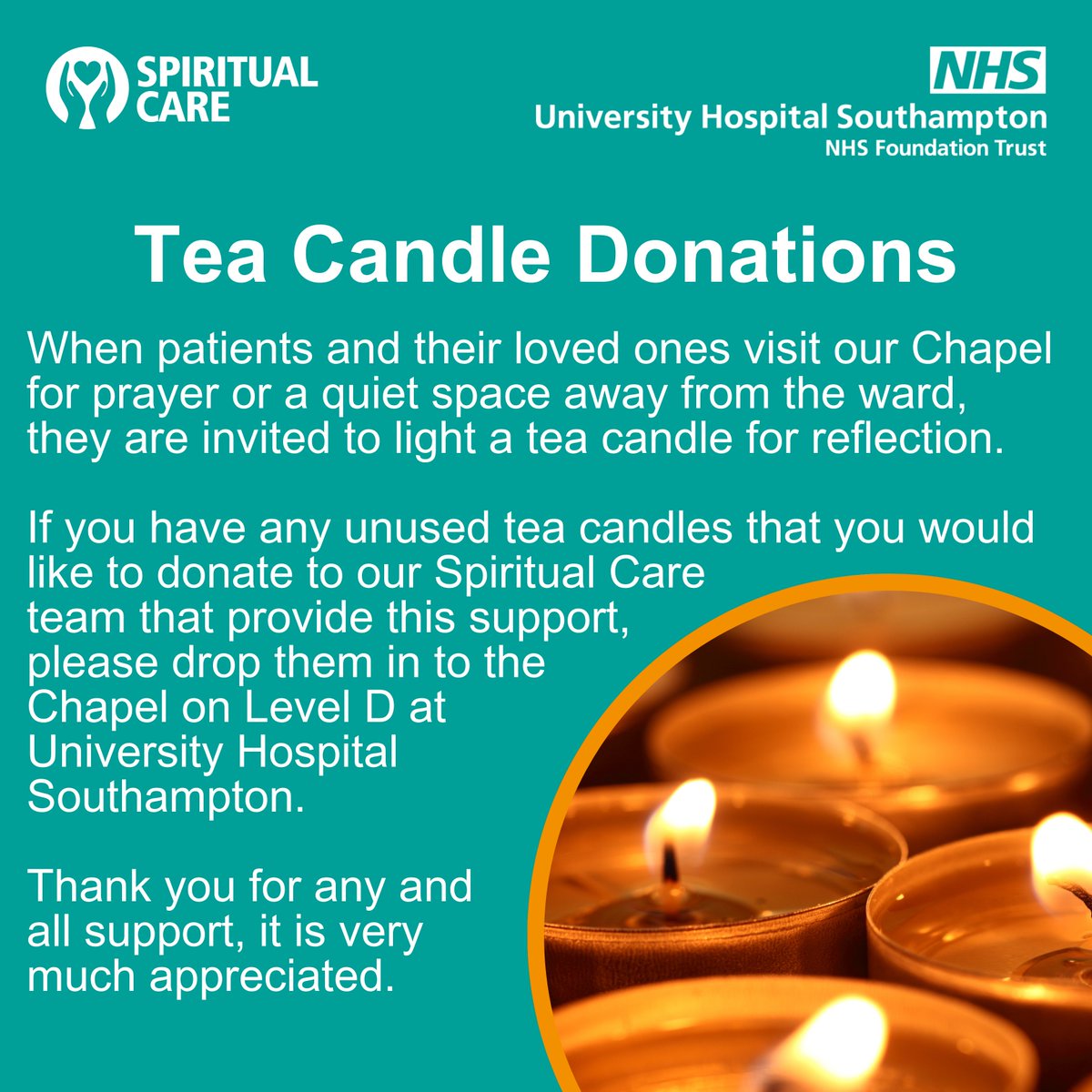At @UHSFT, patients and loved ones who visit the Chapel are invited to light a tea candle for reflection. If you have unused tea candles at home that you'd like to donate to @ChaplainsUHS, please drop them to the UHS Chapel on Level D. Thank you for any and all support 💙