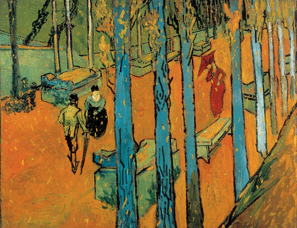 #VanGogh exhibits new techniques of bold composition, black outlines and strong diagonals in “Les Alyscamps” (1888). The dialectic with #japanese woodcuts remained evident in his works through the dynamic outlines and the colour's contrast. #History #culture #tradition #modern