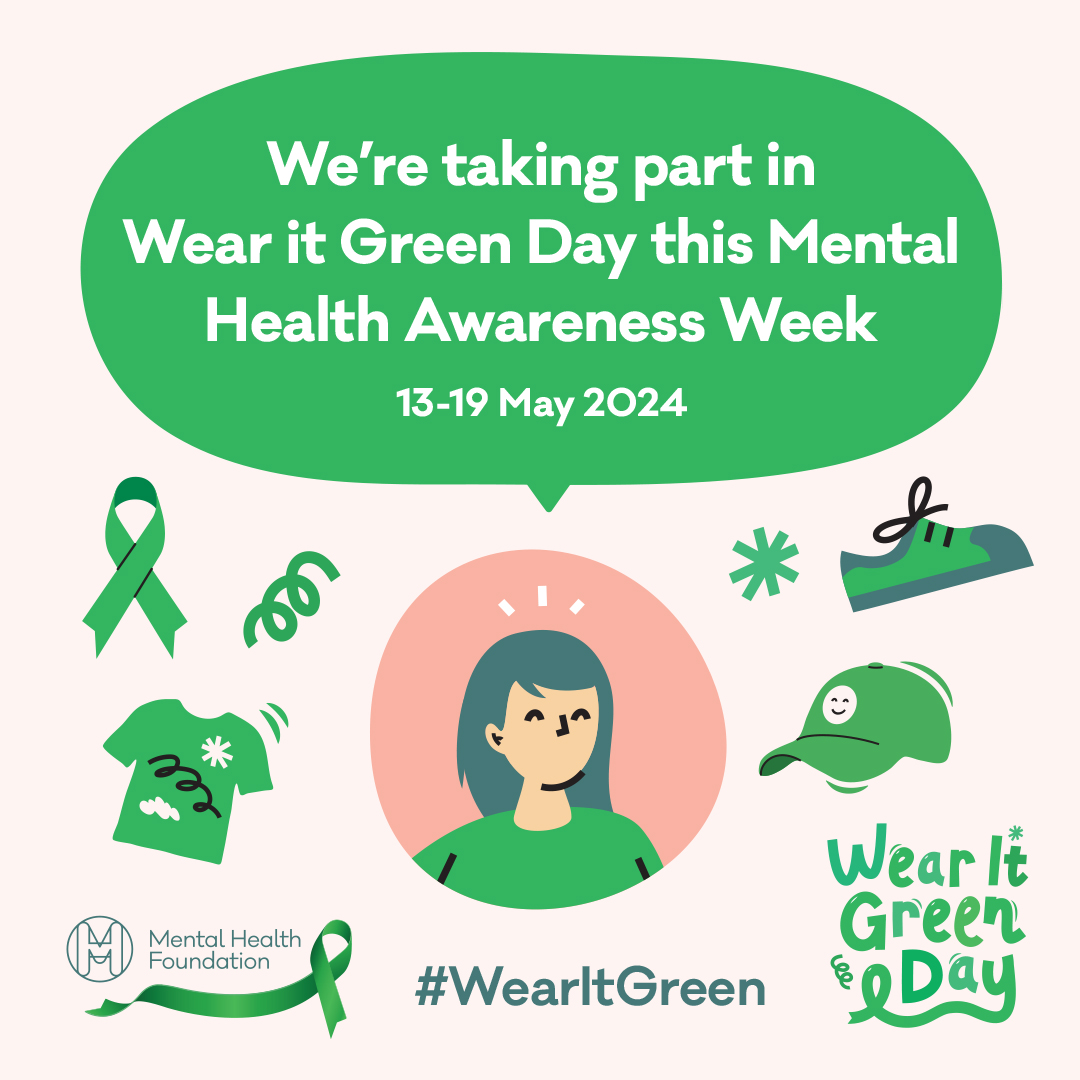 Next week we are taking part in Wear It Green Day On the 16 May come dressed in something green and join us in the Cafe for a bake sale! Donations are cash only Let's turn the world green for good mental health! #WearItGreen #MentalHealthAwareness #MentalHealthAwarenessWeek
