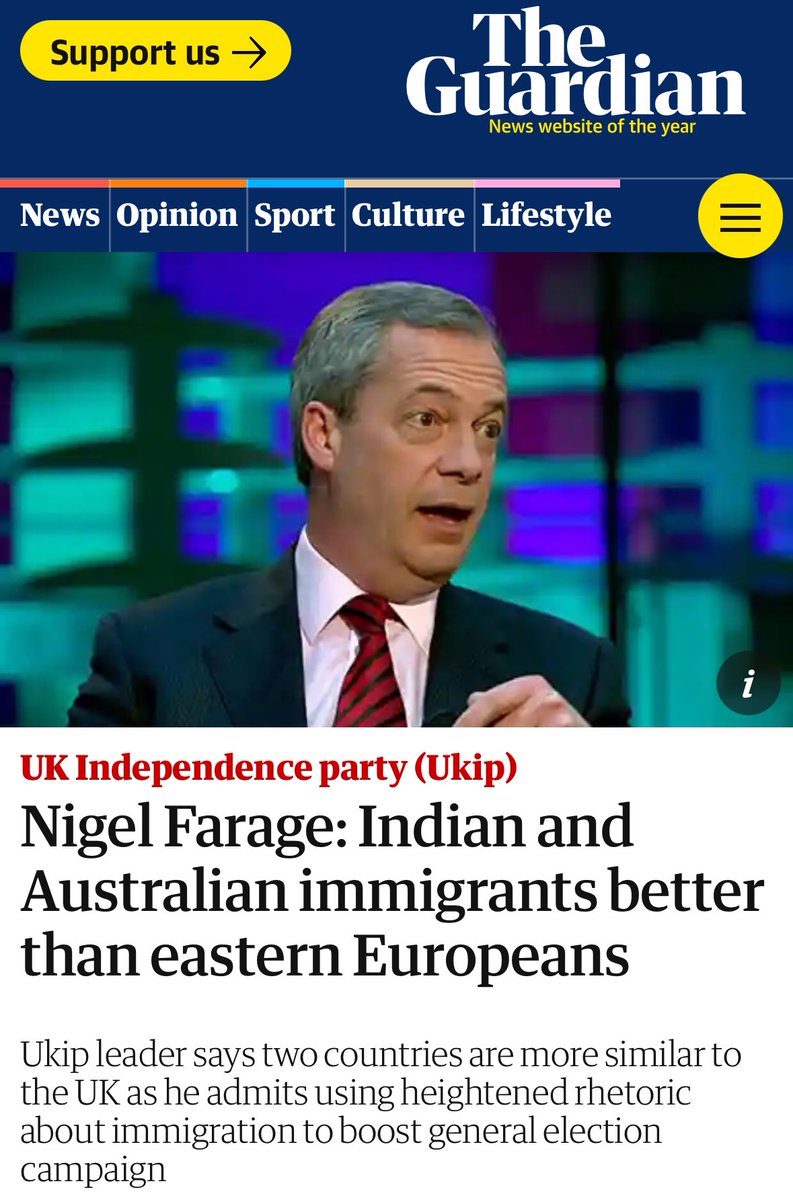 Also @Nigel_Farage: “I prefer Indians to Poles, they abide by the law.” “Indian and Australian immigrants are better than Eastern Europeans.”
