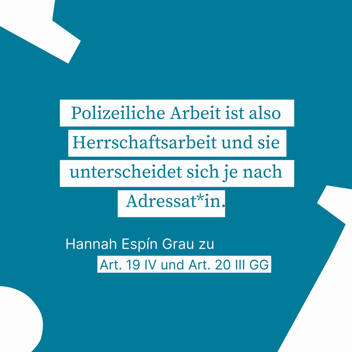 📖 Heute schließen wir die Vorstellung der Beiträge aus @unrechtmitrecht ab. Den Abschluss macht @HEspinGrau. Sie ist wissenschaftliche Mitarbeiterin bei @tsingelnstein an der @goetheuni & hat den Beitrag zu Art. 19 Absatz 4 & 20 Absatz 3 Grundgesetz geschrieben. #unrechtmitrecht