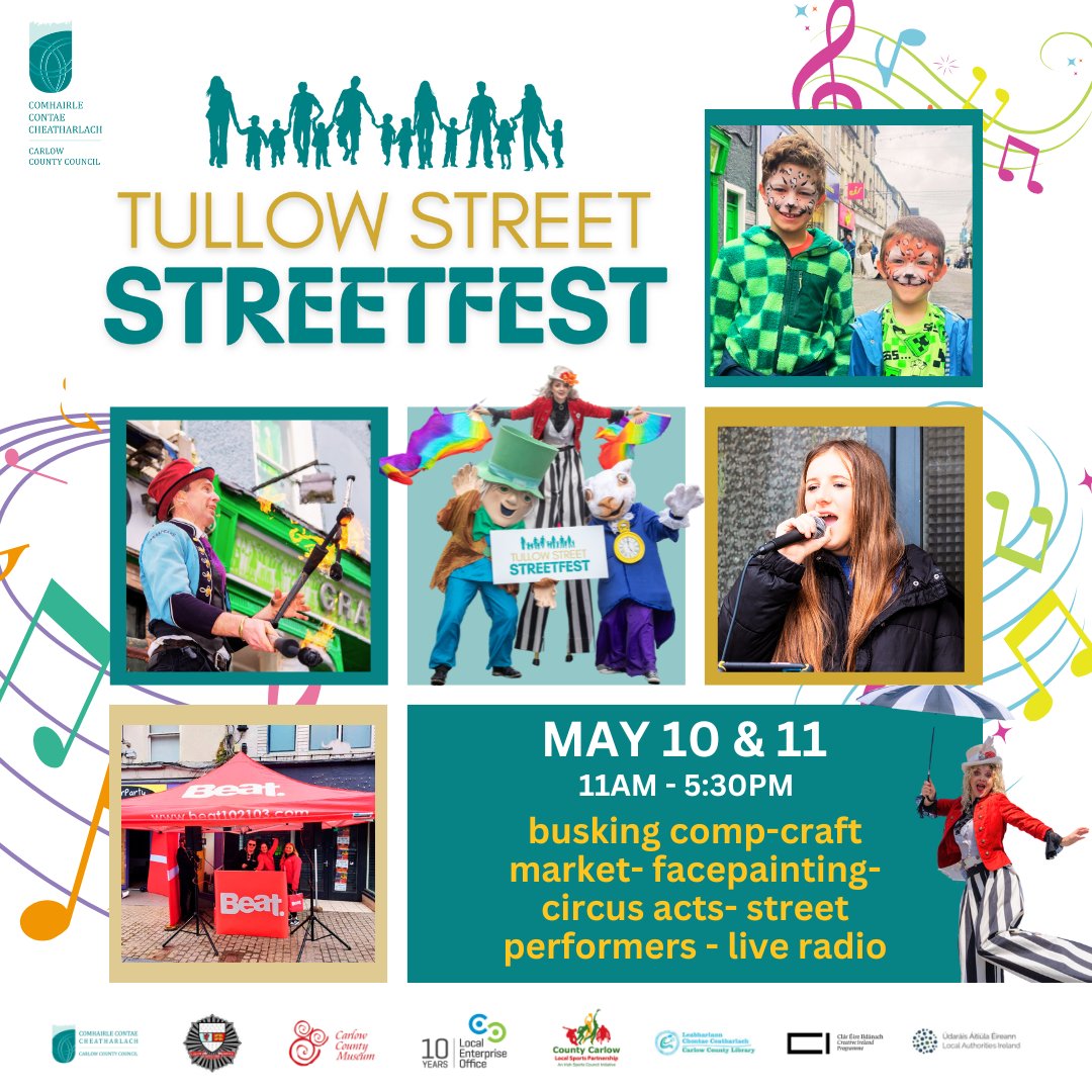 StreetFest is back on Lower Tullow Street today! 🎉 It's on from 11am - 5:30pm with Circus Shows, street performers, craft village, facepainting, busking comps & @beat102103 LIVE 🎶 See You There! 🎉