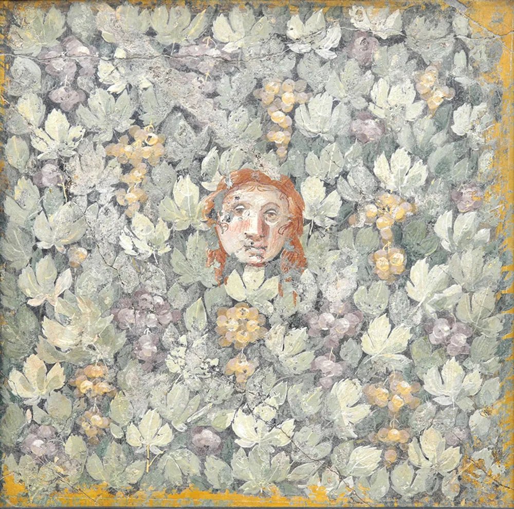 #FrescoFriday - 'Here's looking at you...'

Central painting from the east wall of the triclinium of the House of the Doves, Pompeii (VII.14.9). A mask of a Maenad peeps out through a wall of grapevine foliage. #Pompeii #Art

Image: National Archaeological Museum, Naples (9798)