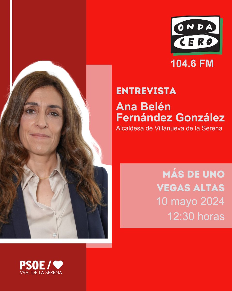 Viernes 10 de mayo, a partir de las 12:30 horas en #MásDeUnoVegasAltas de @OndaCeroVAltas , @anabelenfergonz. 📻 Escúchalo en el 104.6 FM. 📷 ondacero.es/emisoras/extre…