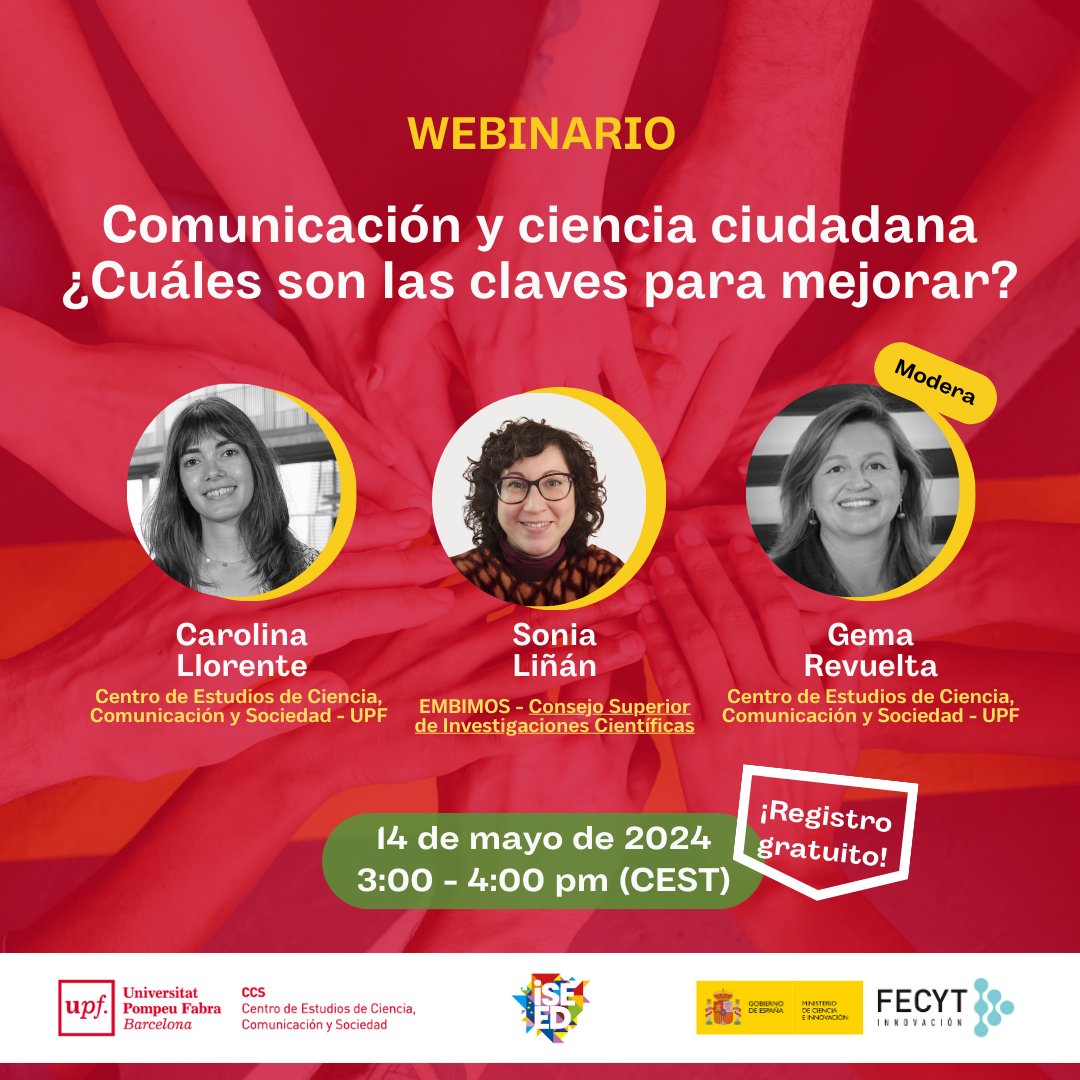 CCS-UPF (@ccupf) on Twitter photo 🧐¿Qué papel tienen los profesionales de la comunicación en ciencia ciudadana?
💬Descúbrelo en el webinario gratuito:
🗓️14/05 🕒15h-16h (CET)
Con:
✔️<a href="/cllorente89/">Carol Llorente</a>, de <a href="/ccupf/">CCS-UPF</a>
✔️<a href="/sonialinan/">Sonia Liñán</a>, de <a href="/Cos4Cloud/">Cos4Cloud</a> y <a href="/ICMCSIC/">ICM-CSIC</a>
✔️Gema Revuelta <a href="/ccupf/">CCS-UPF</a> (modera)
✍️bit.ly/4bcBZxH 🧐¿Qué papel tienen los profesionales de la comunicación en ciencia ciudadana?
💬Descúbrelo en el webinario gratuito:
🗓️14/05 🕒15h-16h (CET)
Con:
✔️<a href="/cllorente89/">Carol Llorente</a>, de <a href="/ccupf/">CCS-UPF</a>
✔️<a href="/sonialinan/">Sonia Liñán</a>, de <a href="/Cos4Cloud/">Cos4Cloud</a> y <a href="/ICMCSIC/">ICM-CSIC</a>
✔️Gema Revuelta <a href="/ccupf/">CCS-UPF</a> (modera)
✍️bit.ly/4bcBZxH