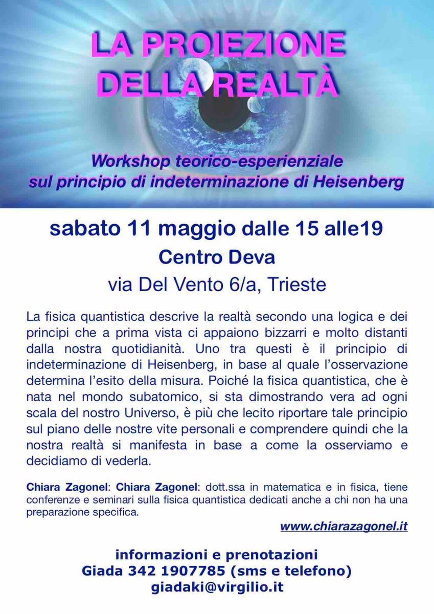 DariaCozzi's tweet image. Workshop esperienziale  aperto a tutte/i, per sperimentare il potere dell&apos;intenzione alla luce della fisica quantistica e del principio di indeterminazione di Heisenberg. A Trieste, sabato 11 maggio, dalle 15 alle 19. #Trieste #fisicaquantistica