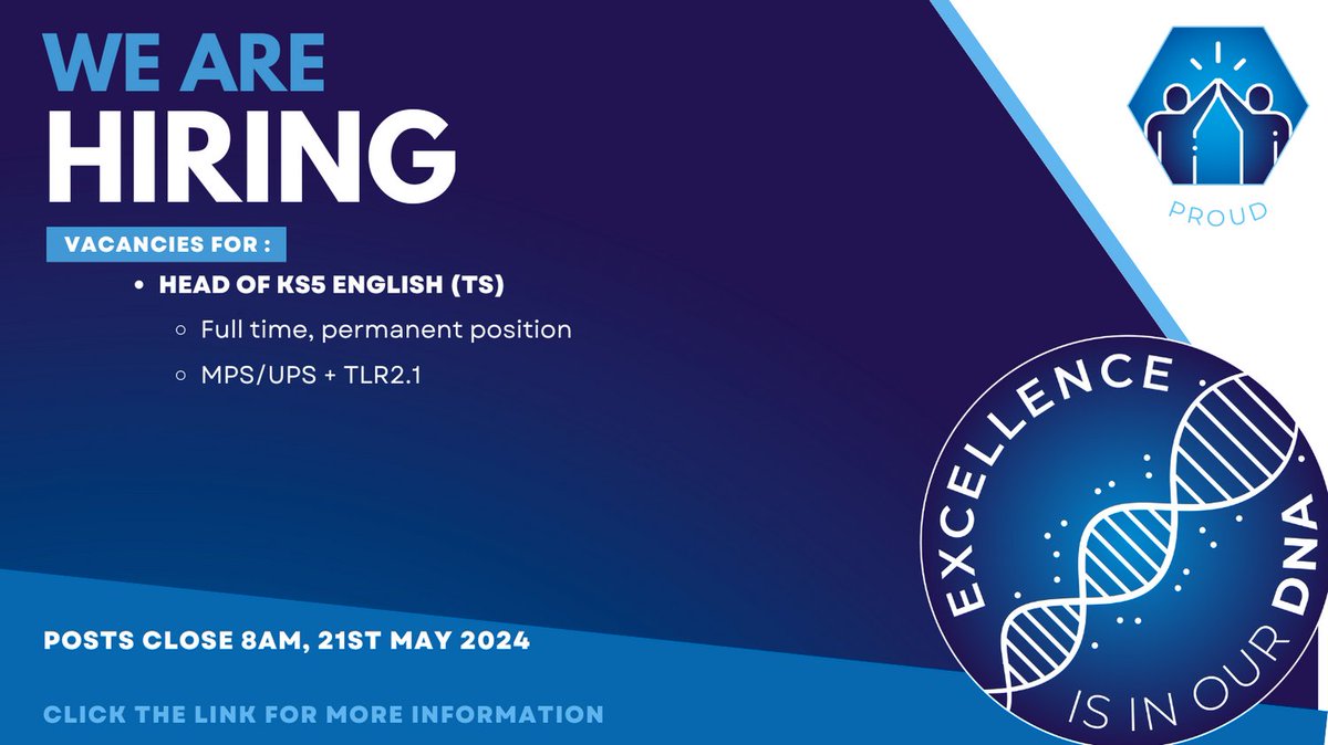 We are looking for an outstanding individual who will relish the opportunity to lead and inspire excellence in English at Key Stage 5. #twytgsdna #teacherrecruitment #teachenglish