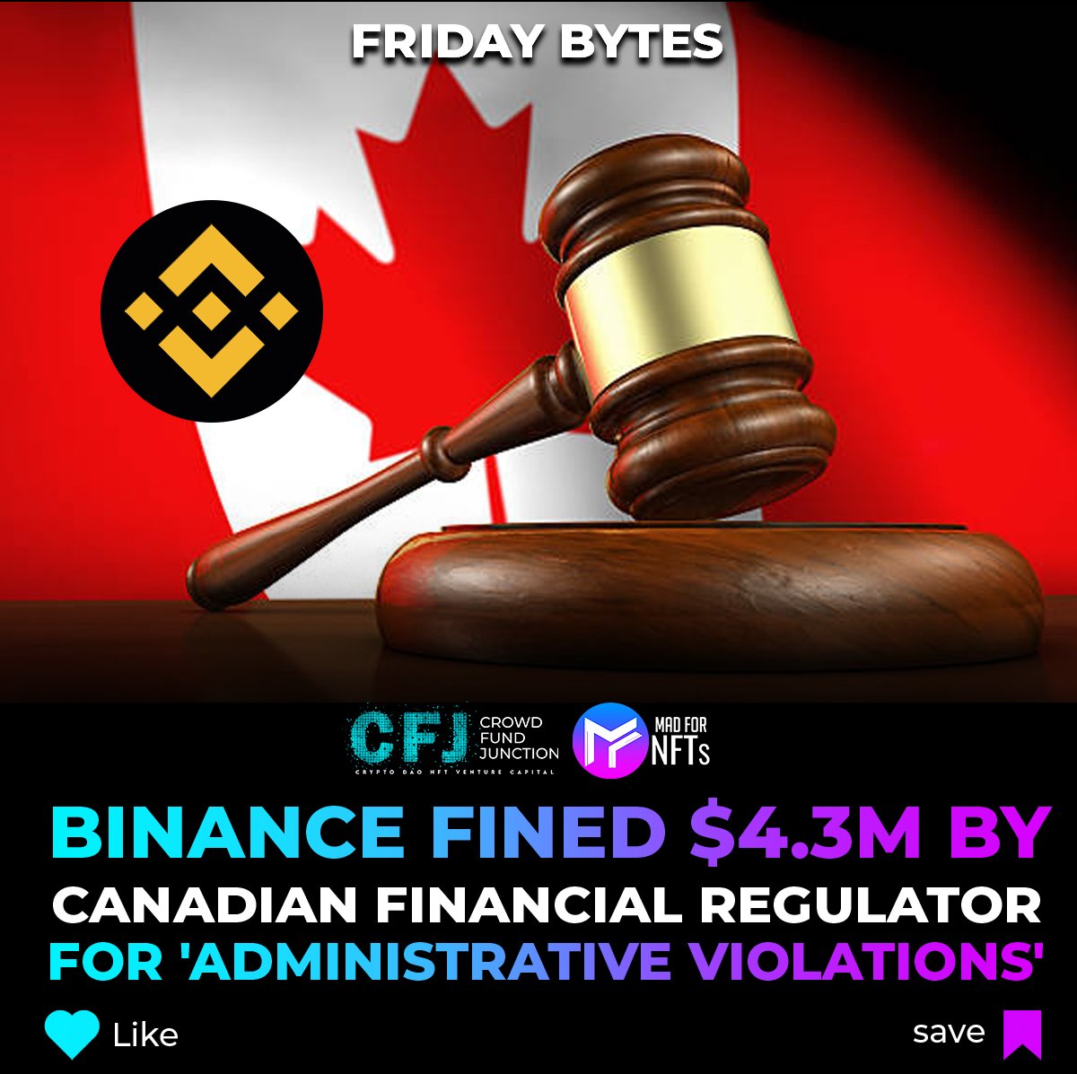 ⚖ Binance Fined $4.3M by Canadian Financial Regulator for ‘Administrative Violations’ ‼️ 📃 Quick takes 1. Financial Transactions and Reports Analysis Centre of Canada said the exchange had committed two “administrative violations” of financial regulations. 2. The fine…