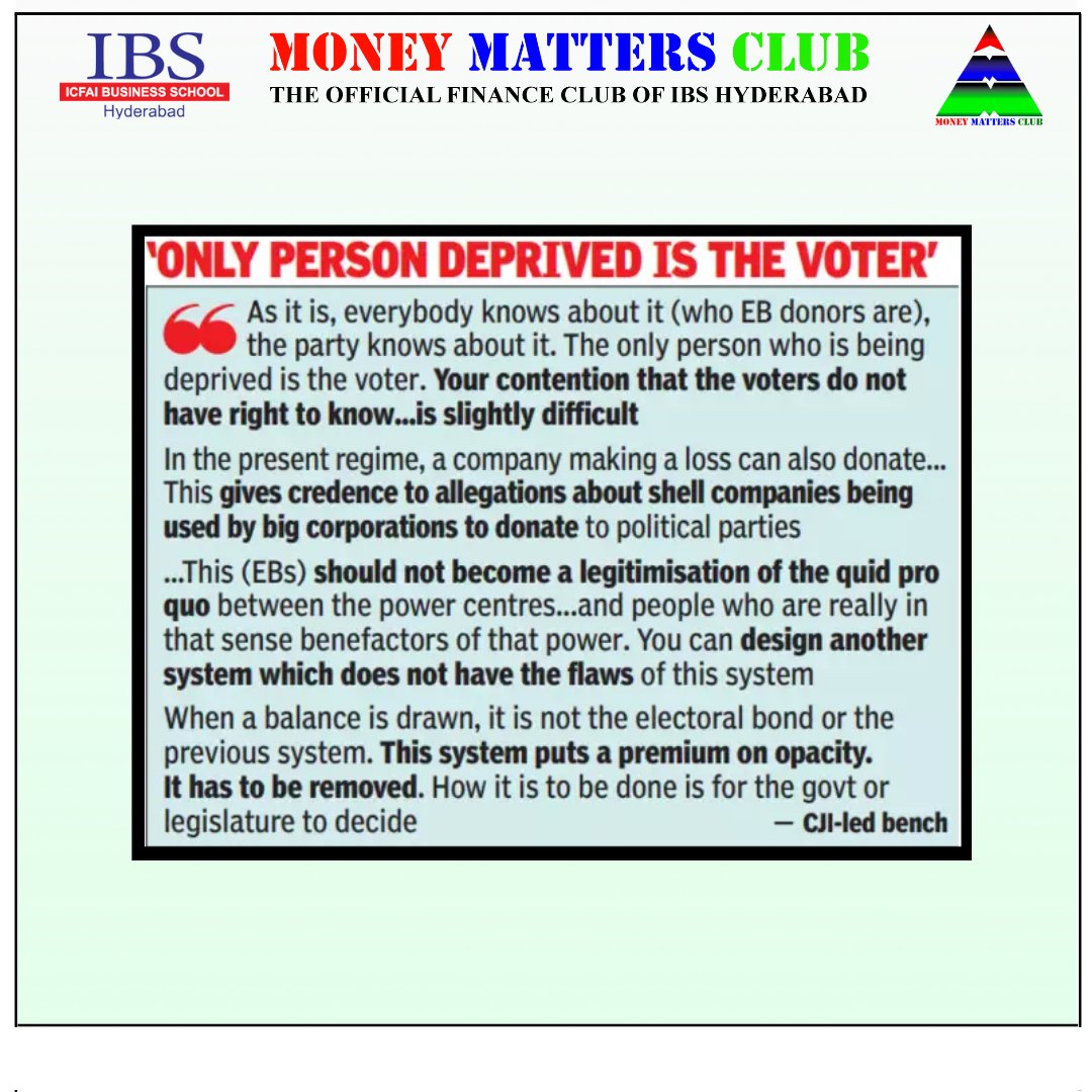 To know more read our article 'The Fall of Electoral Bonds: India's Fight for Transparent Democracy'.

Happy Reading😊

#MoneyMattersClub
#BeyondTheRealmsOfFinance
#IBSHyderabad
#OfficialFinanceClub