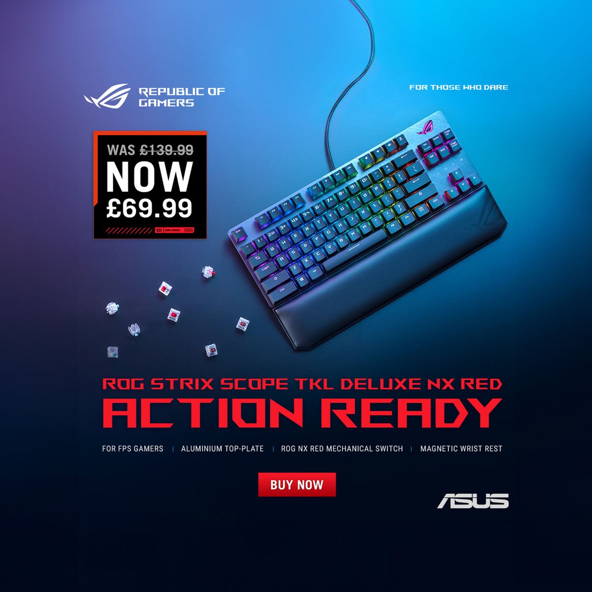 Get ready for action with this incredible deal! 50% OFF the ASUS ROG STRIX SCOPE TKL DELUXE NX Red Mechanical Keyboard! 😱 🔥 SHOP NOW > tinyurl.com/2rsk2ppe @ASUS_ROGUK #gaminggear #custompcbuild #explore #gamerpc #gamingsetup #gamergirl #gamingpc #pcgaming #gaming #asus