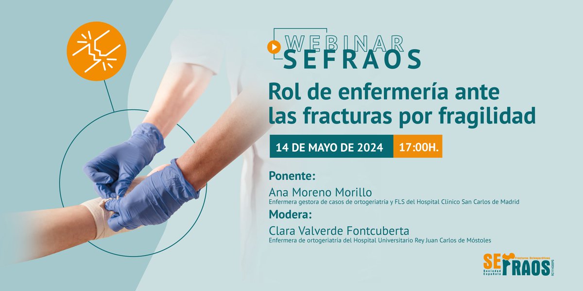 Ayer fue el Día Internacional de la Enfermería, ¡y en SEFRAOS queremos celebrarlo!👩🏻‍⚕️🎉

Por eso mañana, martes 14 de mayo a las 17h, llevaremos a cabo el webinar:

"Rol de #enfermería ante las fracturas por fragilidad".

Accede aquí al webinar: acortar.link/bfh2g5