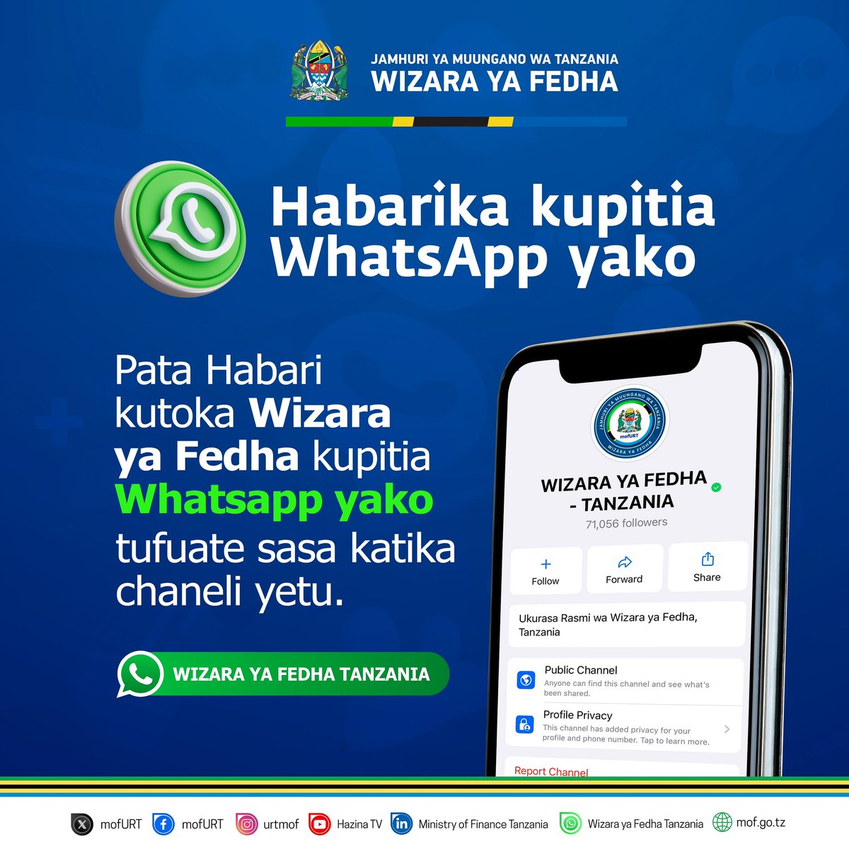 Habarika kupitia Whatsapp Channel ya WIZARA YA FEDHA TANZANIA. Nenda sehemu ya Updates kupitia Whatsapp na Search neno: WIZARA YA FEDHA TANZANIA au tumia link hii whatsapp.com/channel/0029Va… Karibuni Sana✅