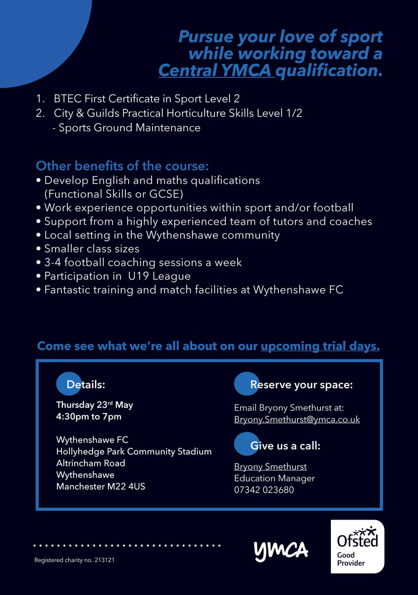 Want to mix your passion for sport with first-class education? Wythenshawe FC and @CentralYMCAUK have teamed to create a Football Academy programme aimed at 16-19 year-olds. Details on how to get in touch: wythenshaweafc.com/news/wythensha…