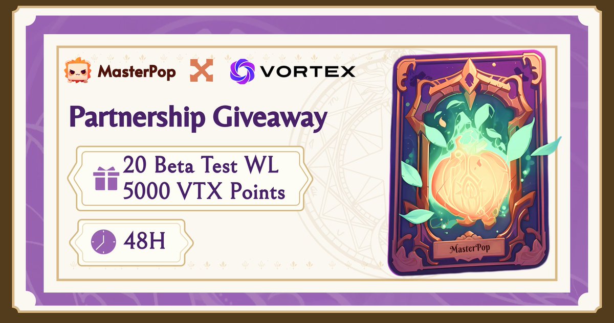 #Masterpop &amp; X #Vortex Giveaway  
  
🏆Rewards: 20 MasterPop Beta WL &amp;  5000 VTX Points
  
⏰Duration: 72hr
  
REQUIREMENTS:   
1️⃣ ❤️&amp; RT this tweet   
2️⃣ Follow: <a href="/masterpopgame/">MasterPop 🟦</a> &amp; <a href="/VortexDexOffice/">Vortex🚀</a>  
3️⃣ Join: t.me/masterpopgame and t.me/VortexDex
4️⃣ Submit your EVM