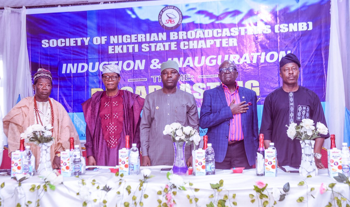 tfolatunbosun's tweet photo. I am delighted to have joined the Society of Nigerian Broadcasters (SNB), Ekiti State Chapter, for their Induction and Inauguration ceremony of new members in Ado-Ekiti. In addition to their roles of informing, educating, entertaining, and preserving our cultural heritage in Nigeria, the provision of training, capacity building, and professional development for members within the industry is essential for achieving the association's objectives.

I congratulate the association on their efforts. Also, used the medium to highlight the significant progress made by Governor @biodunaoyebanji in restoring electricity to the broadcasting service of Ekiti State after twenty-one years, demonstrating his commitment to the development of the broadcasting sector in the state. 

I look forward to seeing the positive impact of these efforts and congratulate the association for such laudable feat.