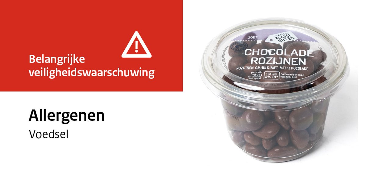 Veiligheidswaarschuwing Verse Klassenoten Chocoladerozijnen 270 gram van Foodtrend B.V. (pinda-allergie). Foodtrend waarschuwt voor dit product dat mogelijk pinda's bevat. Eet de chocoladerozijnen niet als u een allergie heeft voor pinda's #pindaallergie foodtrend.nl