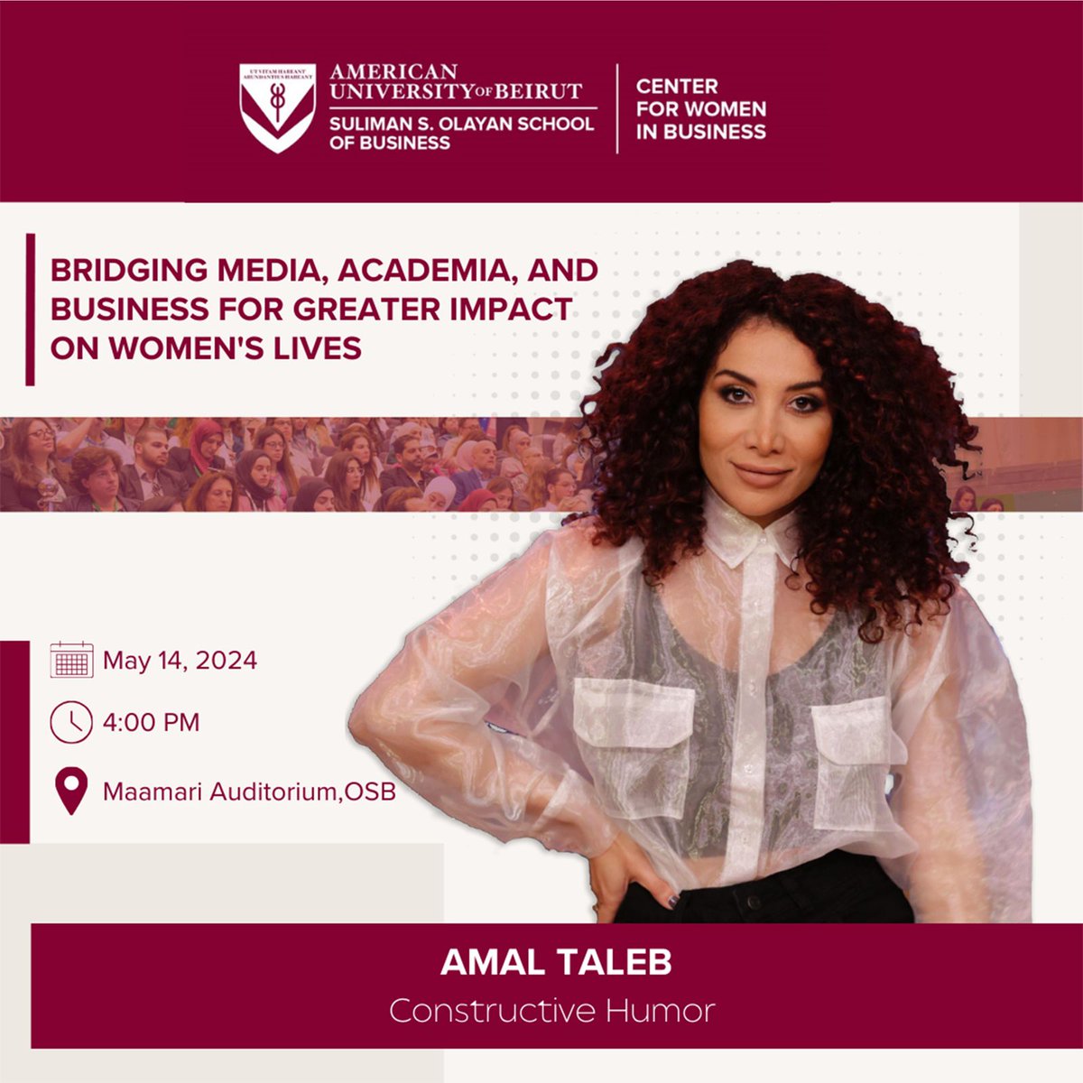 Suliman S. Olayan School of Business at AUB (@aubosb) on Twitter photo Join us as we come together to bridge media, academia, and business for greater impact on women’s lives. This dynamic panel will be taking place on May 14th featuring speakers of diverse backgrounds in a transformative conversation. Register here: bit.ly/3QB9QbK Join us as we come together to bridge media, academia, and business for greater impact on women’s lives. This dynamic panel will be taking place on May 14th featuring speakers of diverse backgrounds in a transformative conversation. Register here: bit.ly/3QB9QbK