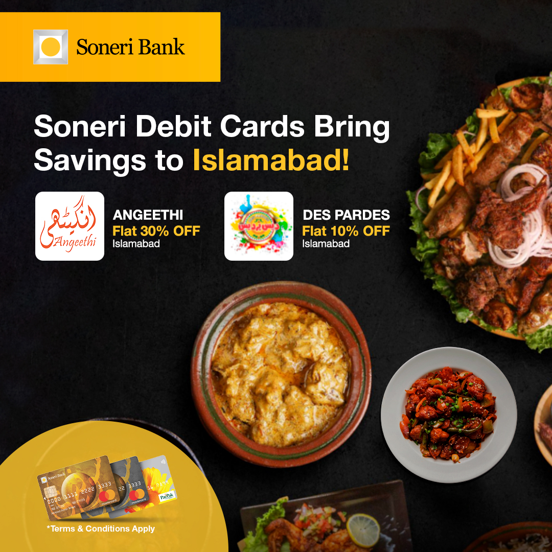 Feast your way through Islamabad with exclusive discounts on delectable cuisines on all Soneri Debit Cards!

 #SoneriBank #RoshanHarQadam #Islamabad #Angeethi #DesPardes #FoodDiscounts