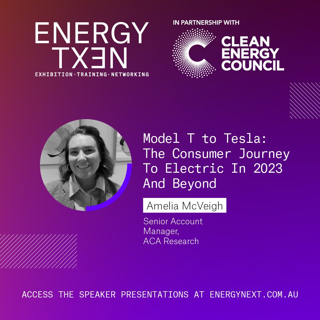 In the #EnergyNextAU 2023 session, Amelia McVeigh from ACA Research delved into "From Model T to Tesla: The Electric Consumer Journey in 2023 and Beyond." 

Access the FREE speaker presentations here energynext.com.au/en-gb/educatio…!