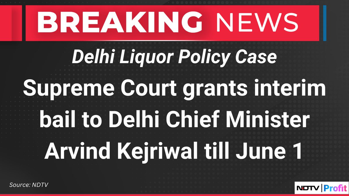 #Breaking | Supreme Court grants interim bail to Delhi Chief Minister #ArvindKejriwal. For the latest news and updates, visit: ndtvprofit.com