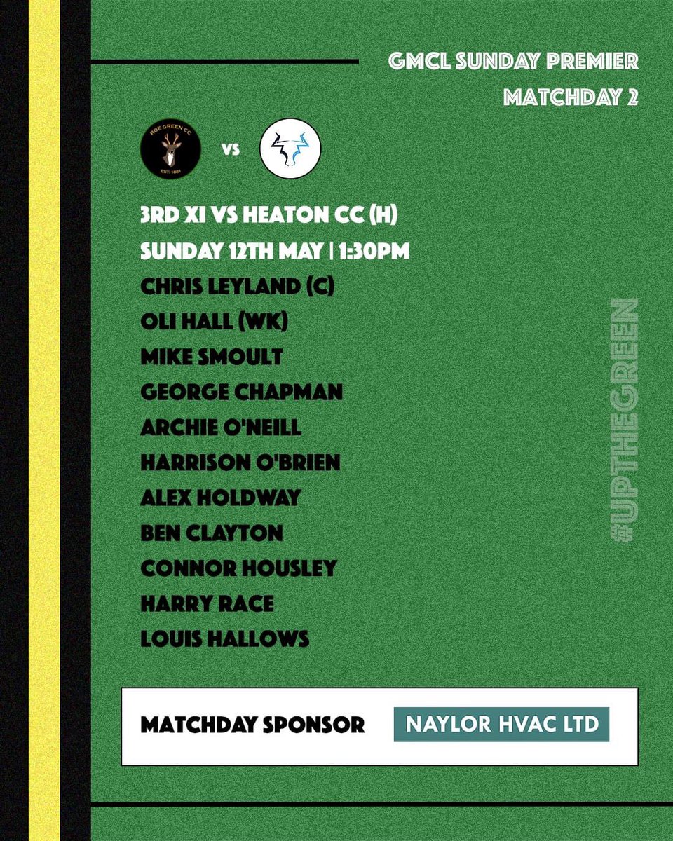 Matchday 2️⃣

• 1st XI vs <a href="/Westhoughton_CC/">Westhoughton CC</a> (H)
• 2nd XI vs <a href="/RochdaliansCC/">Rochdalians CC</a> (A)*
• 3rd XI vs <a href="/Heatonsports/">Heaton Sports & Cricket Club</a> (H)

Matchday sponsor: naylorhvac.co.uk 🤝 

*To be played at Bamford Fieldhouse CC