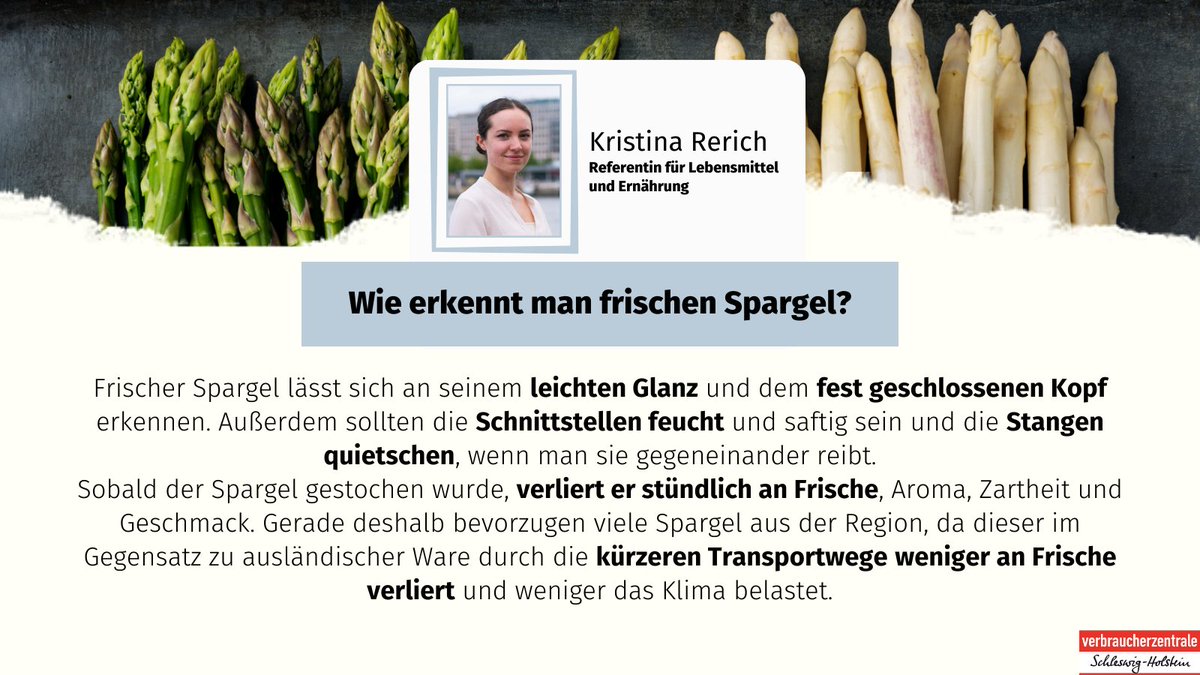 Geheimtipp, um an besonders frischen #Spargel zu kommen: Den aus der Region kaufen! 'Durch die kürzeren Transportwege, verliert er weniger an Frische und belastet das #Klima nicht so sehr', erklärt unsere Expertin für Lebensmittel und Ernährung Kristina Rerich. #SchleswigHolstein