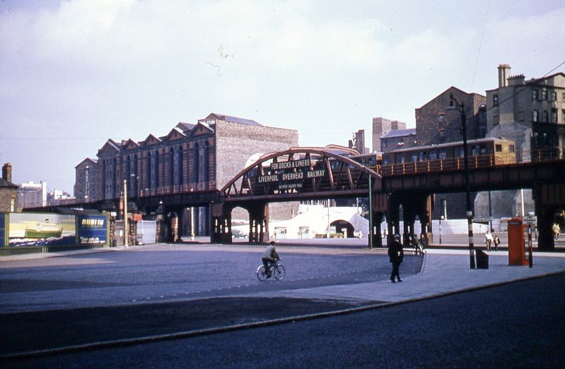 The Liverpool Overhead Railway by what is now the Atlantic Tower Hotel. Liverpool 1950s
