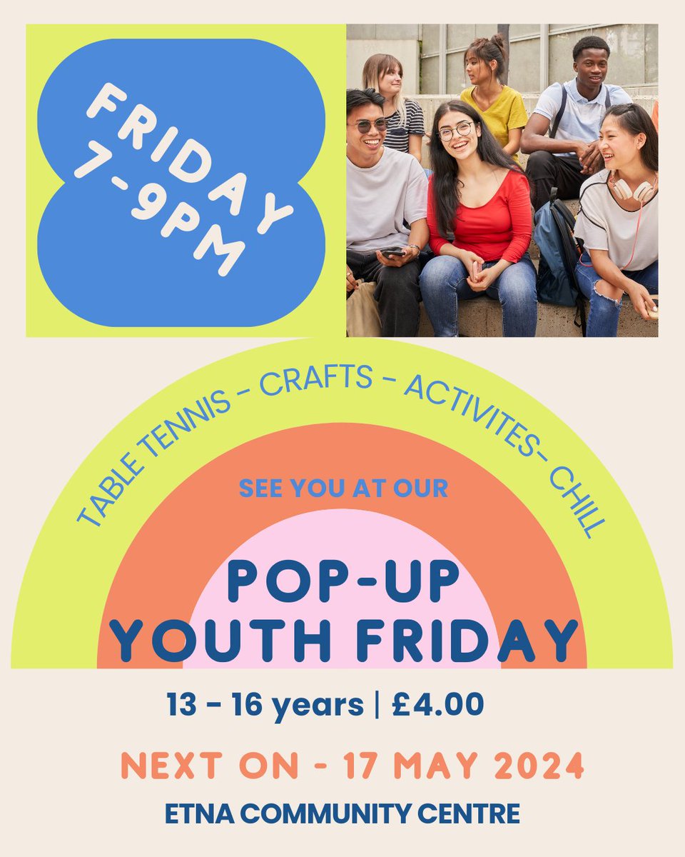 💥 Pop - Up Youth Fridays! 💥 🏠 Exclusively for local 13 - 16 year olds 🎾 Table Tennis 🧋 Snacks & Drinks 🖌️ Crafts and space to chat & chill Book your place eventbrite.co.uk/e/894347305867… Friday 17th May | 7 - 9 pm ETNA Community Centre East Twickenham TW1 2AR