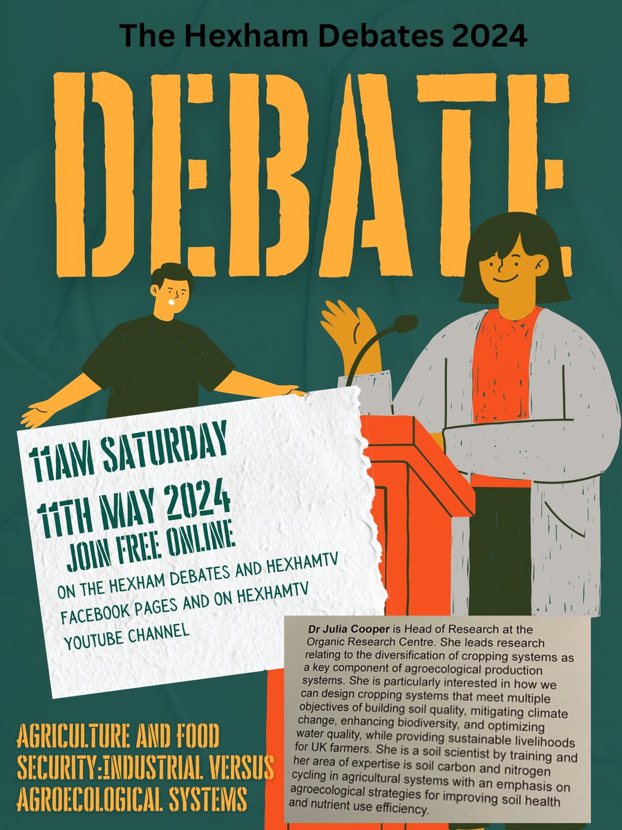 Join us free and live online this Saturday at 11am for the next @hexdebates with @JuliaSoilsister Head of Research at The Organic Research Centre #Hexham #Northumberland @NorthlandColl @QEHSHexham @NlandNP @NlandLibs @CogitoBooks @OxfamHexham @HexhamTown @nfunorth