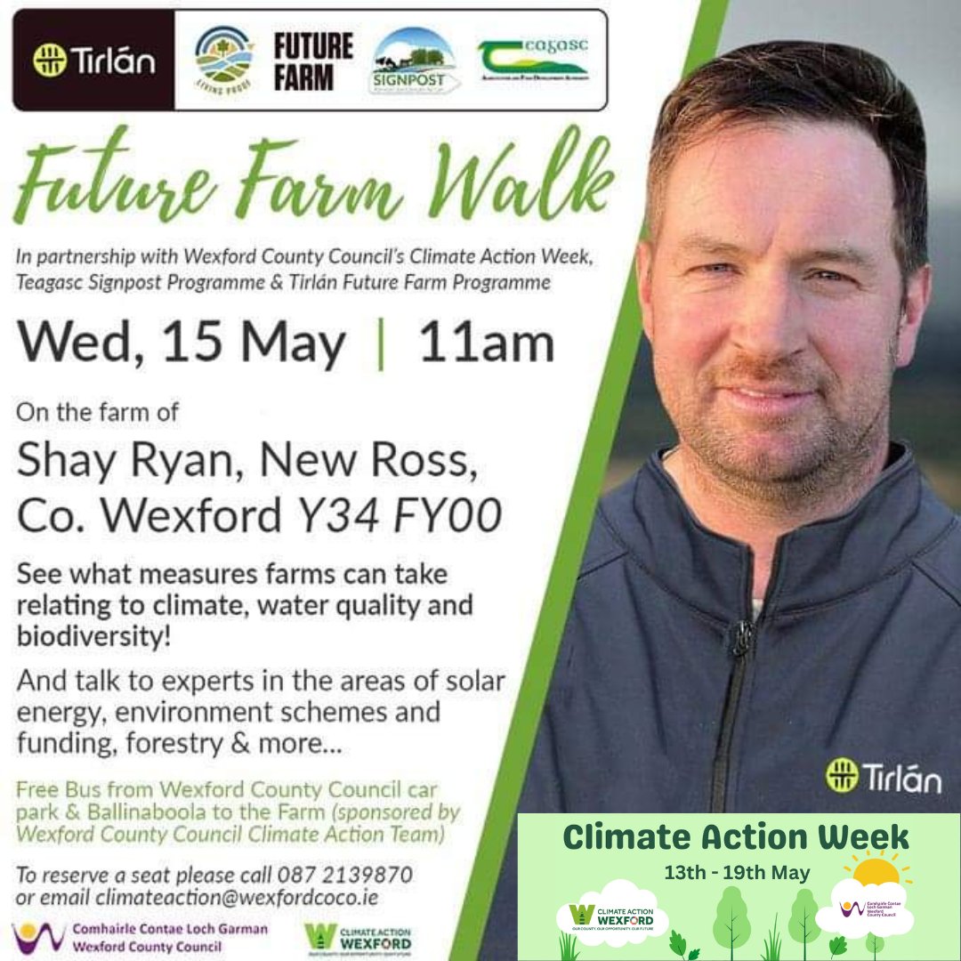 Interested in seeing the measures farms can take relating to climate action, water quality and biodiversity? Come along to the Open Farm Site Visit at Cushinstown Y34W310 from 11am – 1pm. Free bus from County Hall & Ballinaboola - book your seat at bit.ly/4ag9DBG