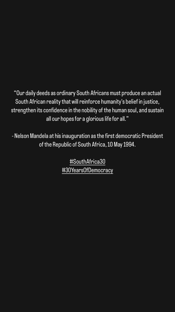 Today, 30 years ago, Nelson Mandela was inaugurated as the first democratic President of the Republic of South Africa at the Union Buildings in Pretoria. 

#SouthAfrica30
#30YearsOfDemocracy