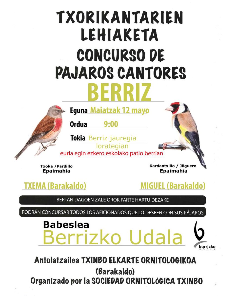 🐦🎶 Berrizko Txori Kantarien Lehiaketa igandean ospatuko da

🐦🎶 El Concurso de Pájaros Cantores de Berriz se celebrará este domingo

berriz.eus/eu-ES/Gertakar…

#berriz #berrizkoudala #txorikantariak #pajaroscantores #berrizjauregilorategibotanikohistorikoa