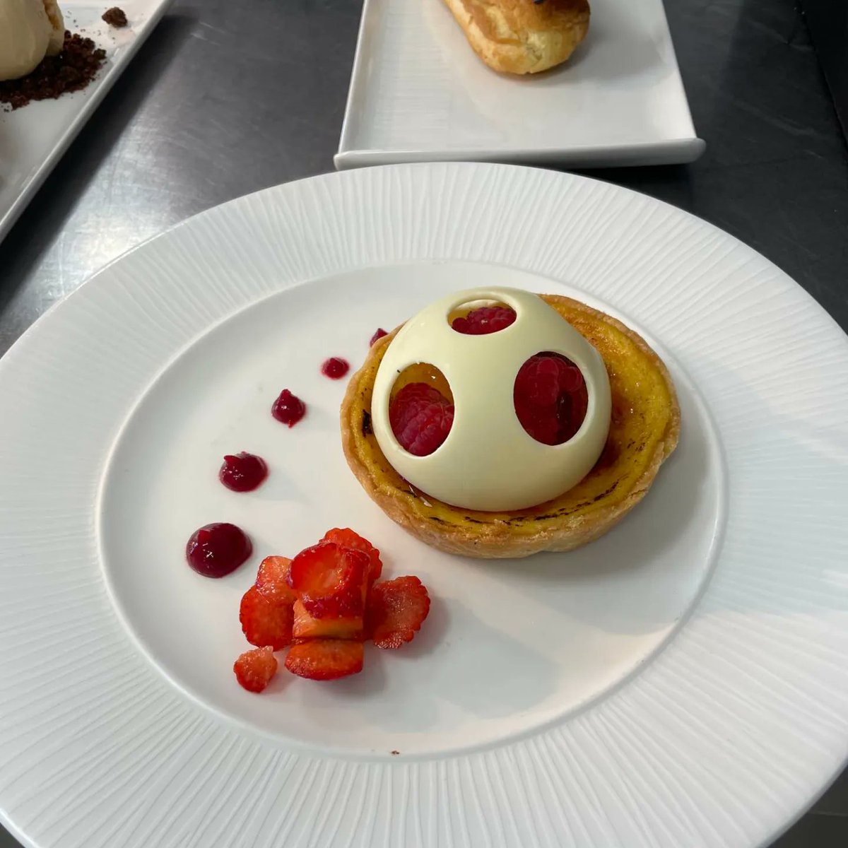 Raspberry and White chocolate Creme Brulee Tart. Hazelnut Creme Pat with Honeycomb Tuile and Chocolate Ice Cream