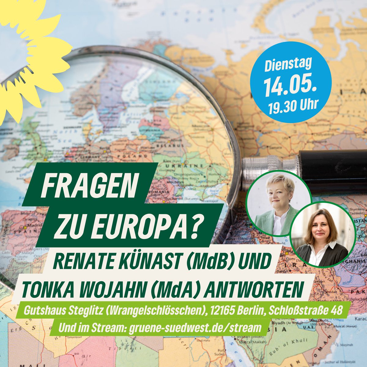 Diskutiert mit <a href="/RenateKuenast/">Renate Künast</a> &amp; <a href="/TonkaWojahn/">Tonka Wojahn</a> über Europa! 🌍💬 Eure Fragen zu Landwirtschaft, Ernährung, Verbraucherschutz &amp; mehr werden beantwortet.
📅 14. Mai, 19:30
📍 Gutshaus Steglitz, Berlin
🎥 Livestream: gruene-suedwest.de/stream
Kommt vorbei! 💚