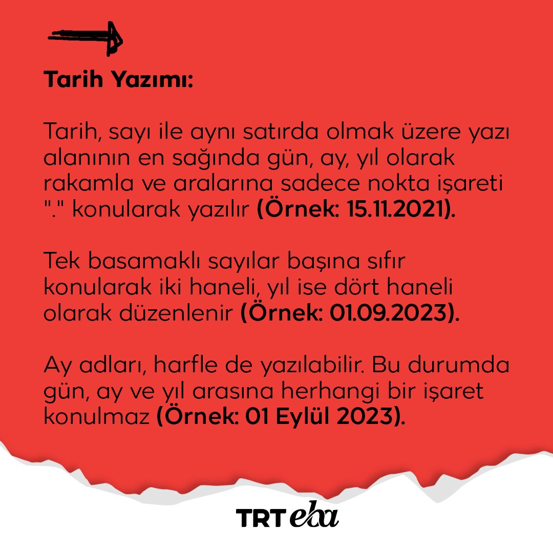 Tüm dilekçe, tutanak, sözleşme, şartname gibi resmî yazılar ve yürütülen resmî yazışmalarda tarih yazımının nasıl olması gerektiğine bir göz atalım. #trtebatv #dilekçe