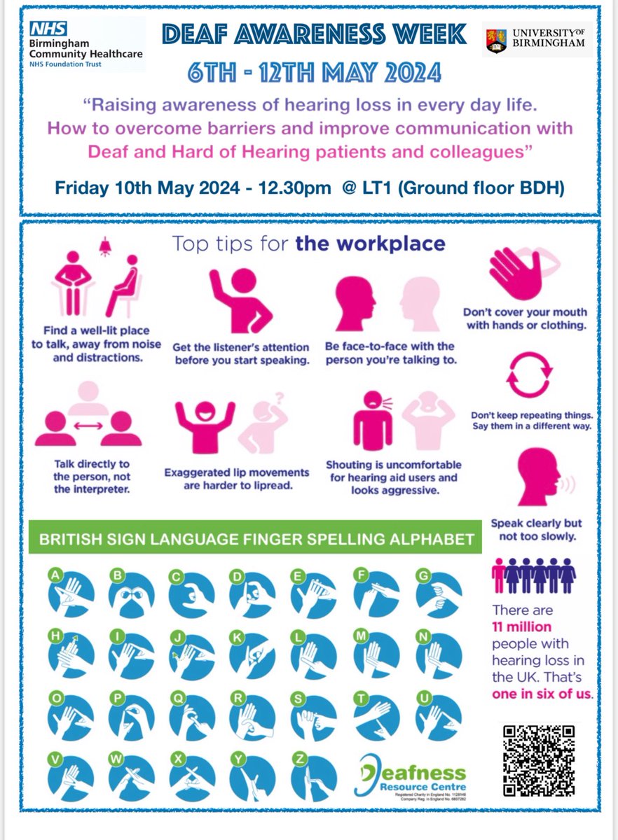 This week it’s Dear Awareness Week and the School’s #EDI team has organised a talk for raising awareness of hearing loss, how to overcome barriers and improve communication with deaf and hard of hearing patients and colleagues. #DeafAwarenessWeek #DeafAwarenessWeek2024