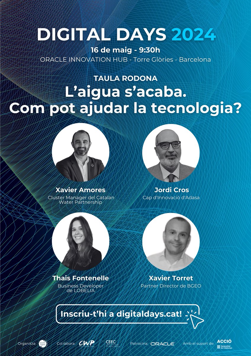Cluster_Digital's tweet photo. 📆Dijous 16 de maig celebrem els #DigitalDays2024!

📍A les 9:30h, en una sessió presencial a l’Oracle Innovation Hub, a la Torre Glòries de Barcelona, gaudirem d’una taula rodona: 

💧L’aigua s’acaba. Com pot ajudar la tecnologia?

🤝 @Cluster_Digital @CatalanWaterP https://t.co/eeTQqAbEzr