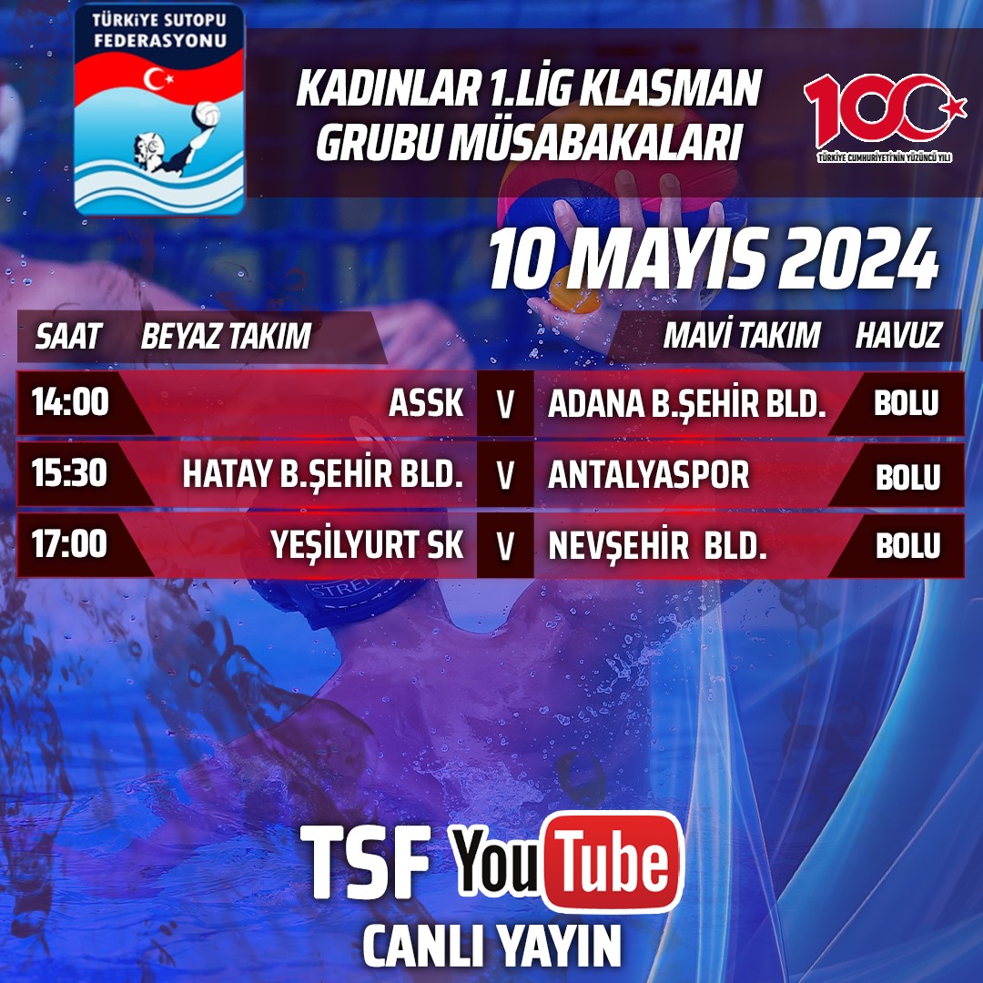 Kadınlar 1.Lig Klasman Grubu Müsabakaları

#sutopu #waterpolo #spor 

@SPORTOTO @mobiliztakip @ZubizuApp @sportiveturkiye @aromaturkiye @RamseyModasi @intercitypark @intercity