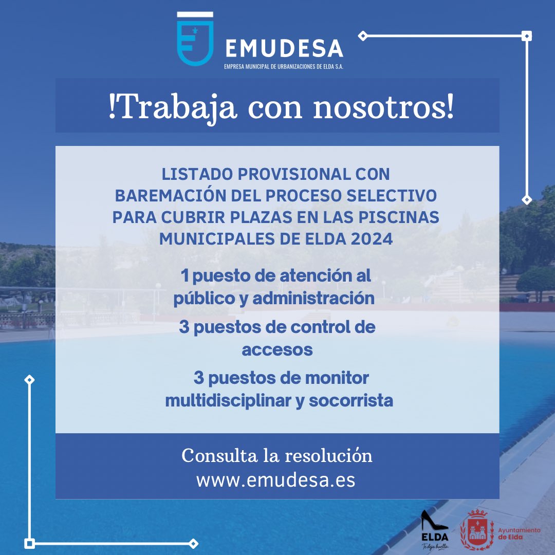 ELDA_PISCINA's tweet image. 🙋🏻‍♀️Ya tenéis disponible en 🧑‍💻la web de Emudesa el listado provisional con baremación del proceso selectivo para cubrir plazas en las piscinas municipales de Elda 2024 🏊‍♀️

➡️Os dejamos el enlace 🔗 emudesa.es/2024/05/10/res…

#Elda #Emudesa #AyuntamientodeElda #ProcesoSelectivo