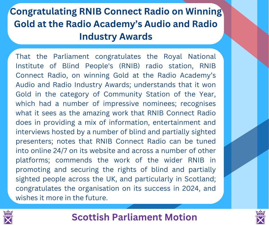JeremyRBalfour's tweet photo. Congratulations to @RNIBRadio on their success at the @radioacademy awards this year. Gold in the category of Community Station of the Year is an amazing achievement.
I have lodged the below @ScotParl motion marking the occasion. https://t.co/XZoFwNnm6P