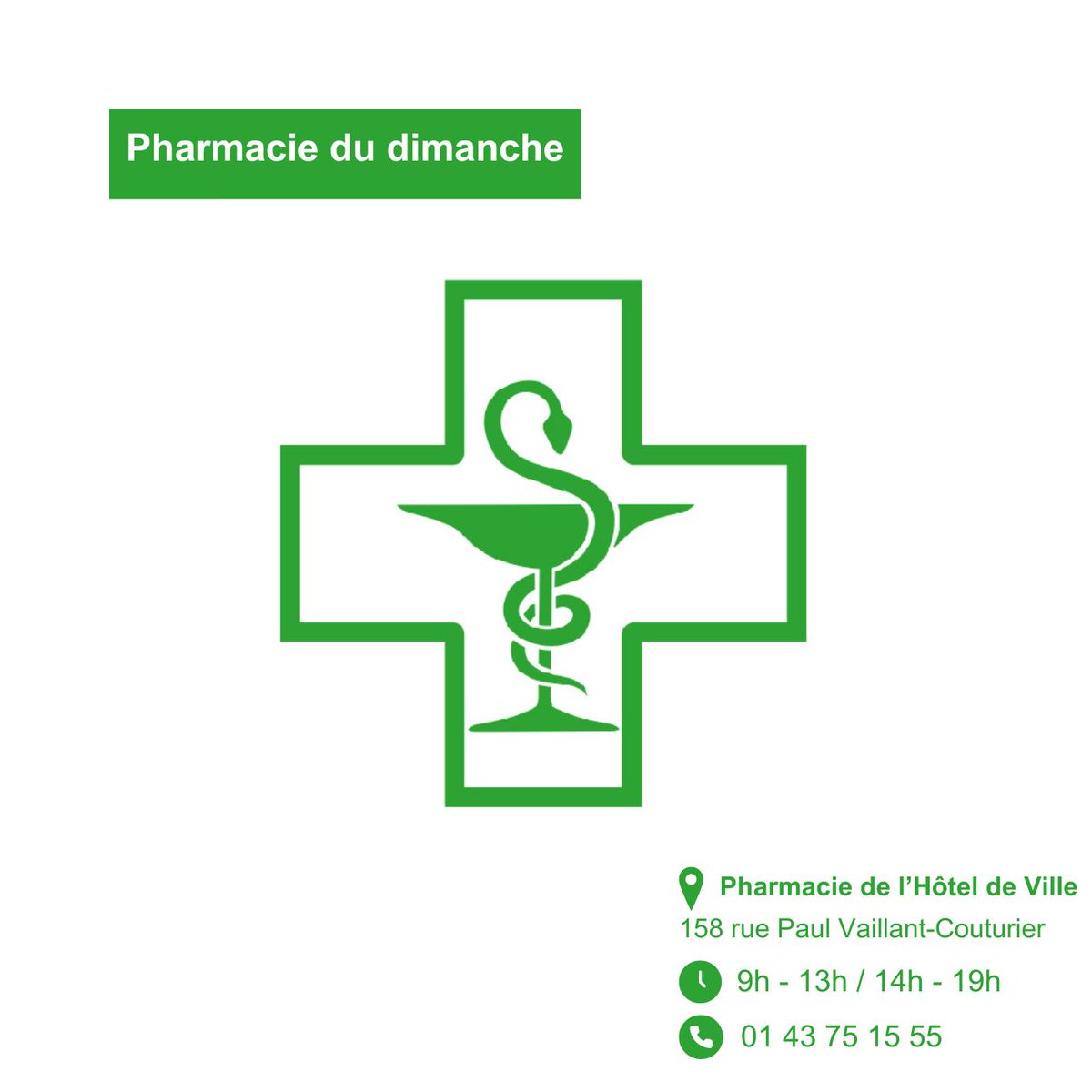 🏥 Pharmacie de Garde 🏥 Ce dimanche 12 mai, la pharmacie de l'Hôtel de Ville vous accueille. 📍 158, rue Paul Vaillant-Couturier 📞 01 43 75 15 55 🕰️ 9h à 13h - 14h à 19h Plus d’infos : alfortville.fr/-pharmacie-de-… #pharmaciedegarde #Alfortville