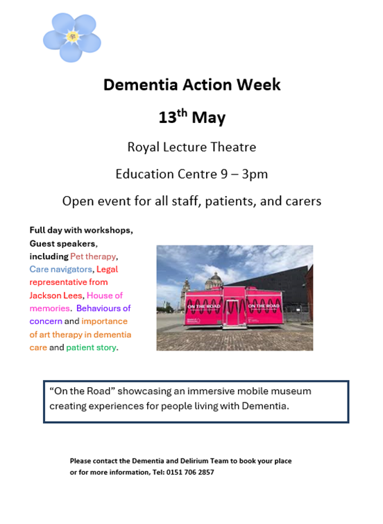 - @LivHospitals staff; check out these posters from our colleagues in the Dementia Delirium Team about upcoming #DementiaAwareness Events within the trust. #DementiaAllianceDay #DementionActionWeek (1/2)