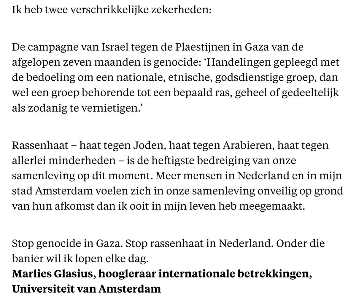 Ingezonden brief van collega Marlies Glasius, hoogleraar internationale betrekkingen, in het Parool. Met elk woord eens