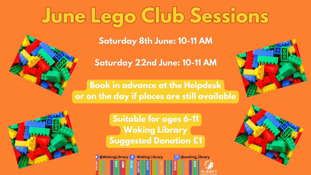 The Woking Library Lego Club is back with some more sessions in June! 😍 The Lego Club is every other Saturday at 11am, tickets go fast so make sure you get yours before they all go! 🔥 Reserve your spot here: eventbrite.co.uk/e/lego-club-at… @SurreyLibraries