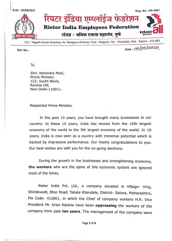 RIEF2021's tweet photo. Our open letter to Respected PM Shri. @narendramodi ji is attached herewith. Sir please look into the matter and keep our Hopes alive that Labours and their interest are taken care of by our beloved Prime Minister of India. @LabourMinistry @CMOMaharashtra @PMOIndia @RieterLtd https://t.co/1OTw2jNVX7