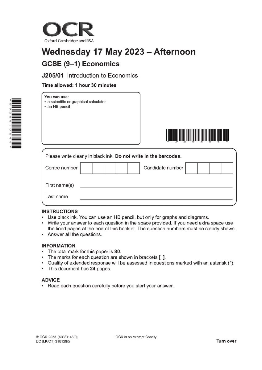 Alizai1587850's tweet image. 2023 OCR GCSE ECONOMICS PAPER 1 QUESTION PAPER (J205/01: Introduction To Economics). 
hackedexams.com/item/14930/202… 
#2023ocrgcse #ocrgcseeconomicspaper1 #gcseeconomics #Economics #economicsquestionpaper #J205/01 #hackedexams