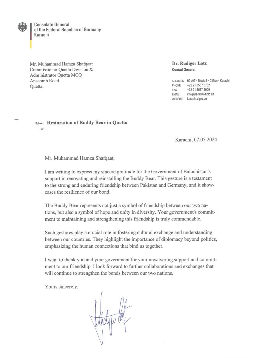 جرمن کونسل جنرل کا خط۔ شکریہ کمشنر کوئٹہ !! پاک جرمن دوستی کے خلاف سازش کو ناکام کرنے پر مشکور @hamzashafqaat