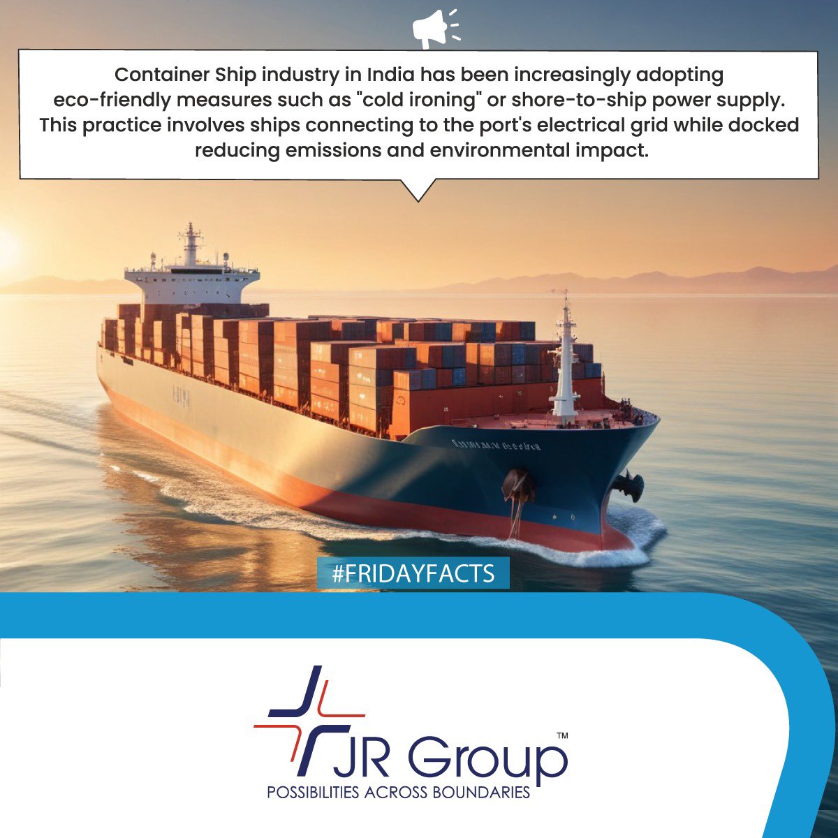 Did you know about ‘Cold Ironing’ before?

#Possibilitiesacrossboundaries #JRgroup #Possible #India #Logistics #Shipping #Petroleum #Corporate #Possibility #possibilities #Gobeyond #Focus #focusonpossible #Fact #FridayFacts